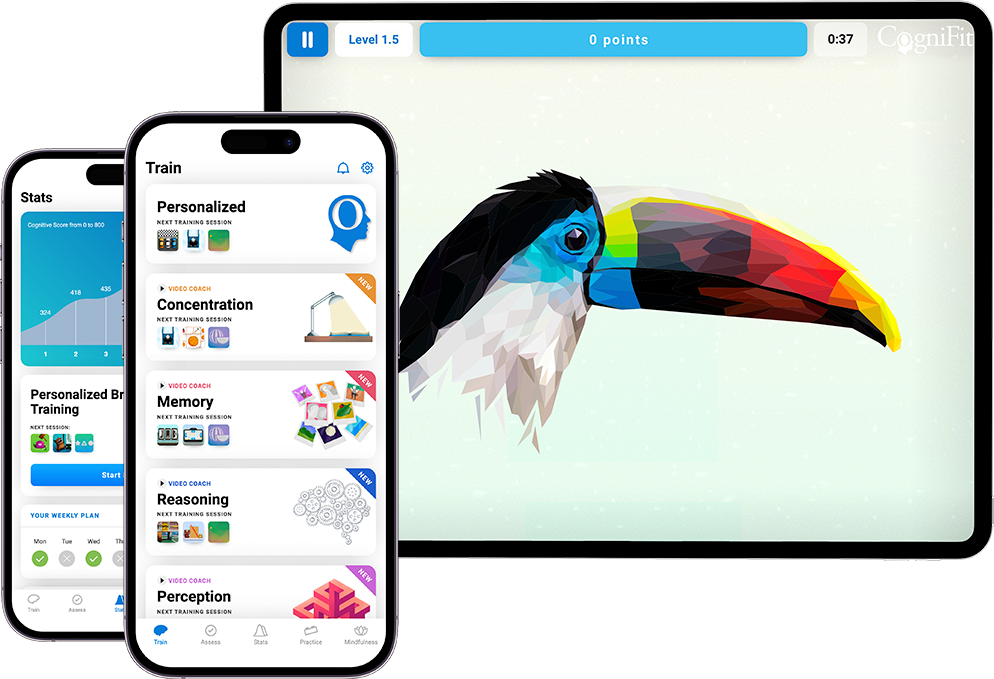 Tablet showing CogniFit game Puzzle 3 and mobile devices showing CogniFit demo screens