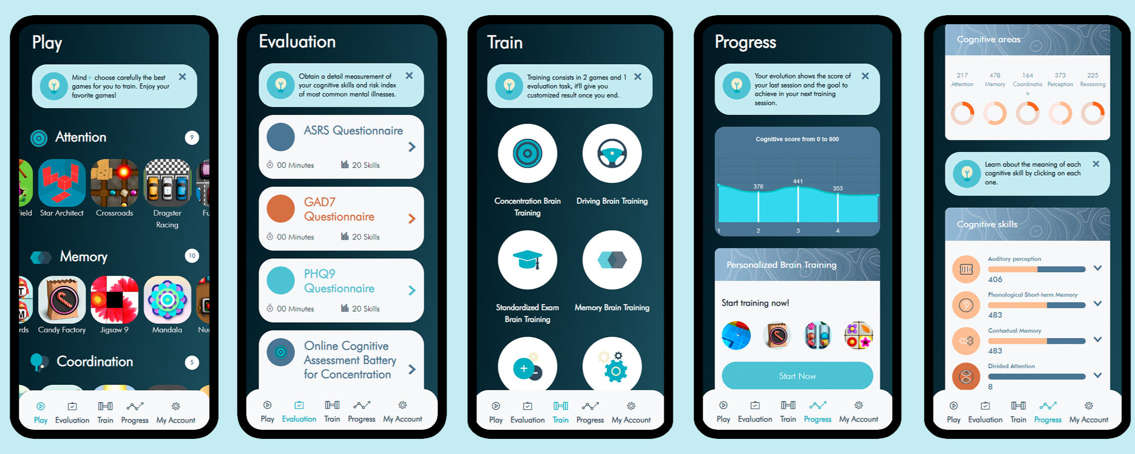 Playwing - CogniFit integration demo screens